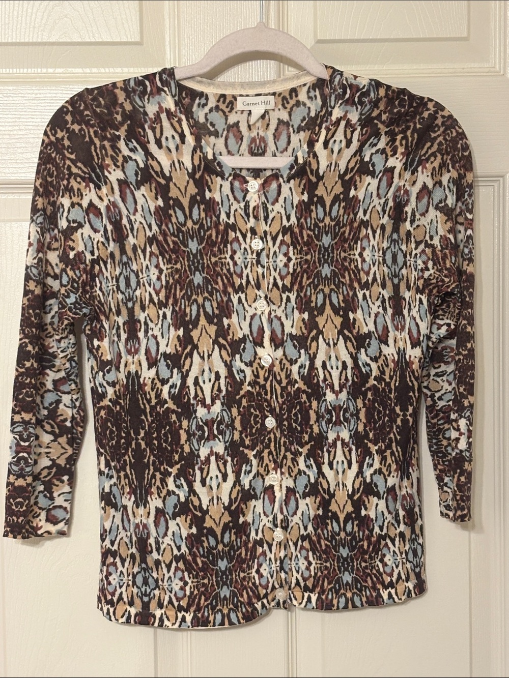 Garnet Hill Signature Eco Merino 3/4 Sleeve Cardigan Brown Multi Patterned